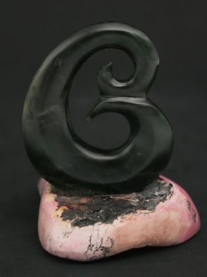 Moko Pounamu Koru Sculpture NZ Genuine Kawakawa Flower Greenstone & Rhodonite - Kaitangata