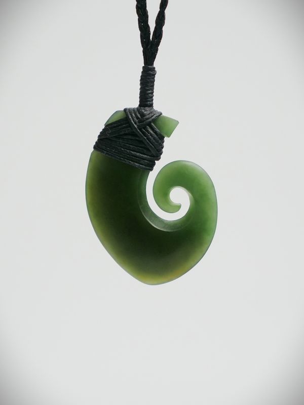 Moko Pounamu Hei Matau (Hook) NZ Genuine Kawakawa Greenstone - Ouruhia