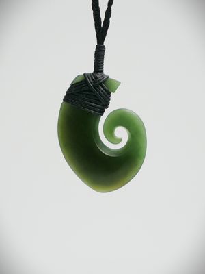 Moko Pounamu Hei Matau (Hook) NZ Genuine Kawakawa Greenstone - Ouruhia