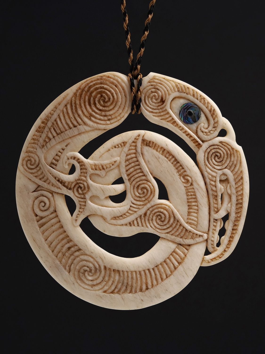 Moko Pounamu Koropepe Manaia Genuine Whale Bone Carving - Okuku