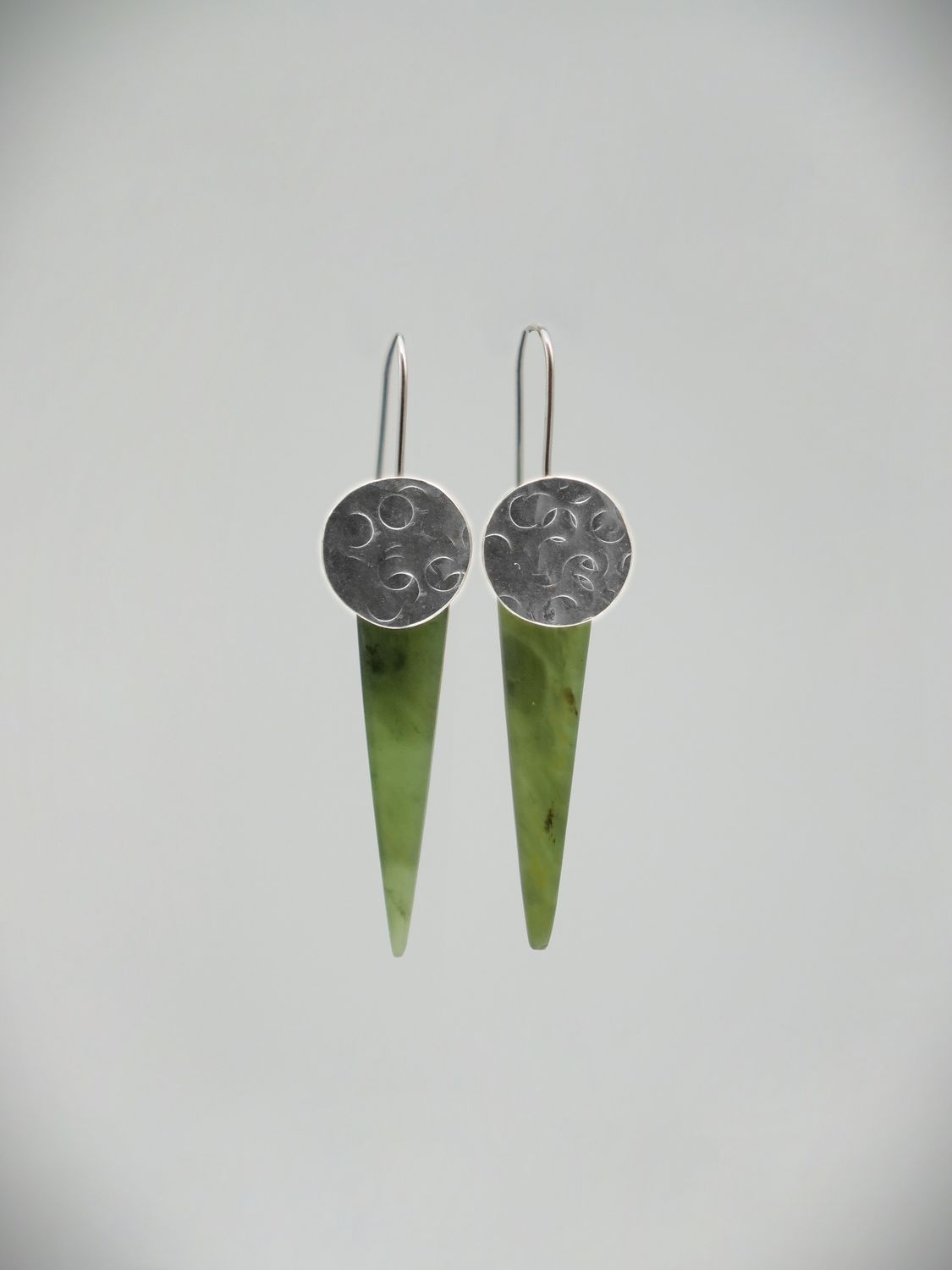 Moko Pounamu Ana Krakosky NZ Totoweka Greenstone and Sterling Silver Earrings - Rutunga