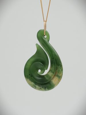 Moko Pounamu Hei Matau (Hook) NZ Genuine Kahurangi Flower Greenstone and 9ct Gold Pendant - Whangaroa
