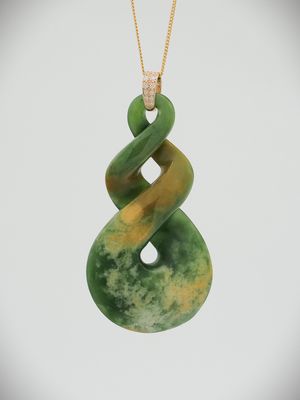 Moko Pounamu Pikorua NZ Genuine Kahurangi Flower Greenstone, 9ct Gold & Diamond Pendant - Mahara