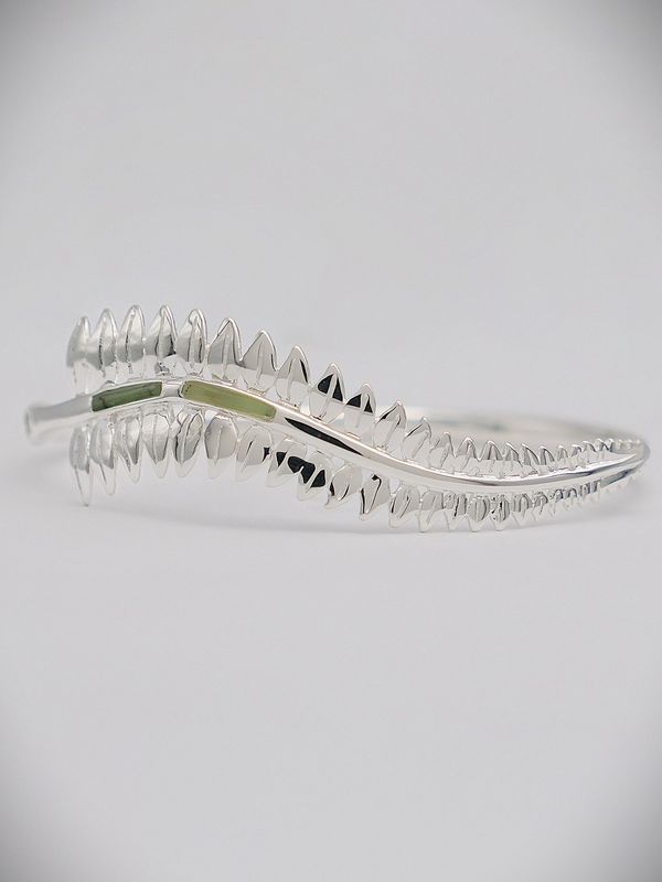 Moko Pounamu Greenstone & Sterling Silver Fern Bangle - 7B2