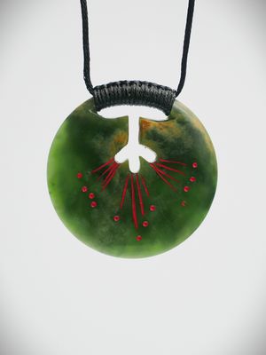 Moko Pounamu Ana Krakosky Porohita NZ Genuine Marsden Flower Greenstone - Pohutukawa Disk Pendant