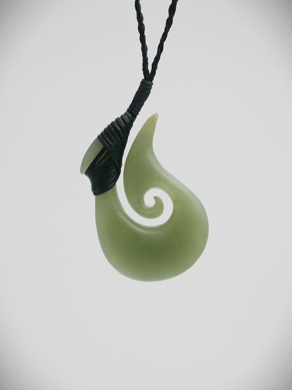 Moko Pounamu Hei Matau (Hook) NZ Genuine Inanga Greenstone - Hurunui