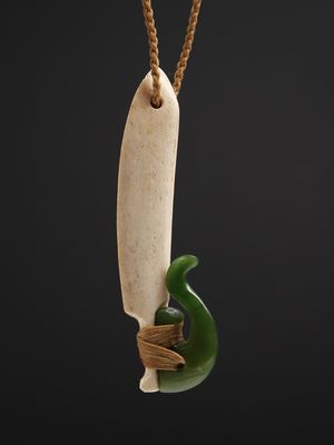 Moko Pounamu Hei Matau (Hook) NZ Genuine Kahurangi and Whale Bone  - Peketa