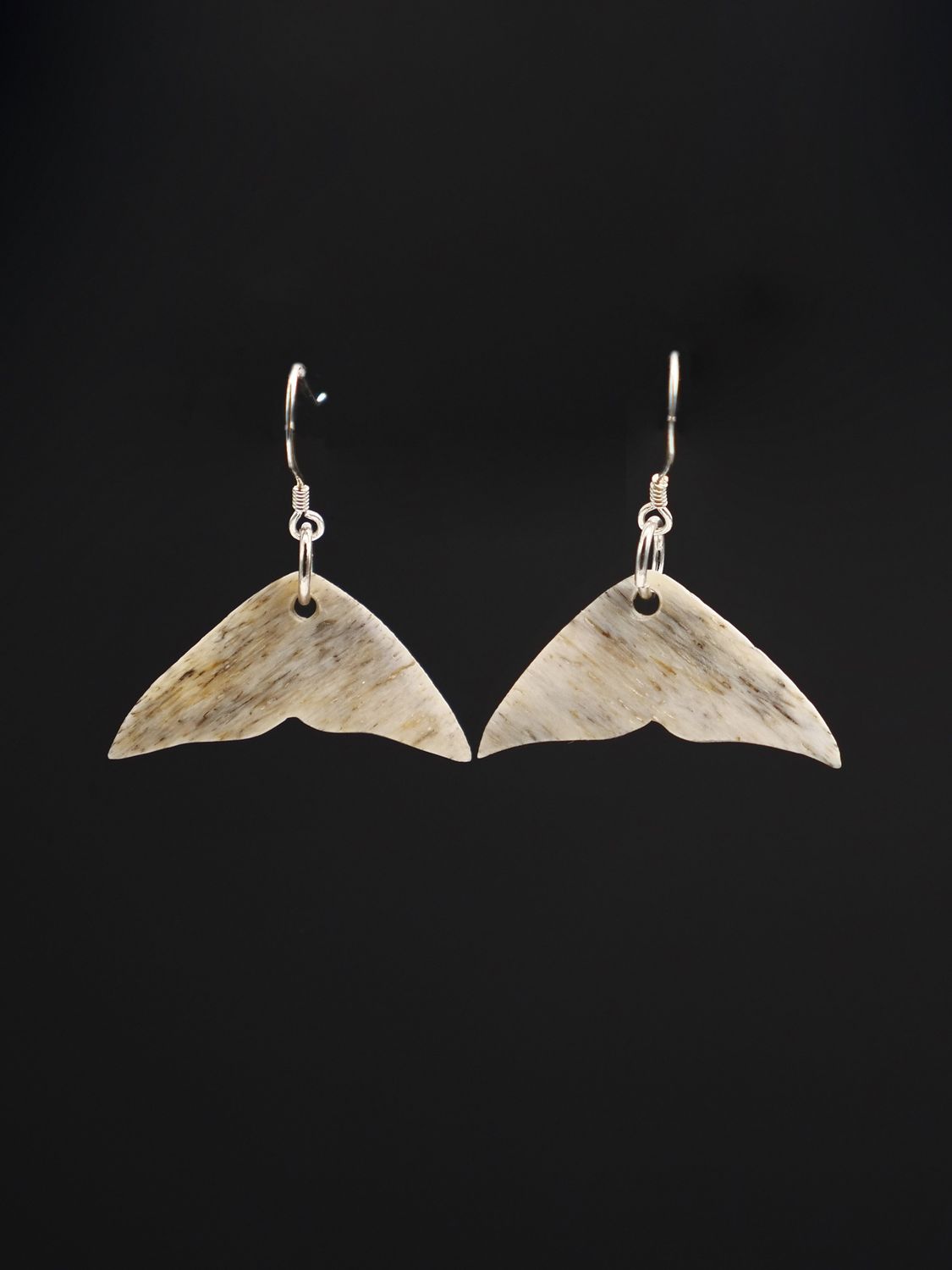 Moko Pounamu Whale Bone and Silver Whale Tail Earrings 13355