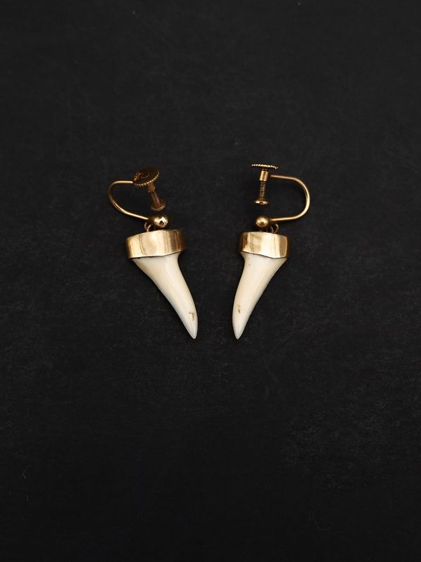 Moko Pounamu Antique Genuine Mako Shark Teeth, 9ct Rose Gold Screw On Earrings