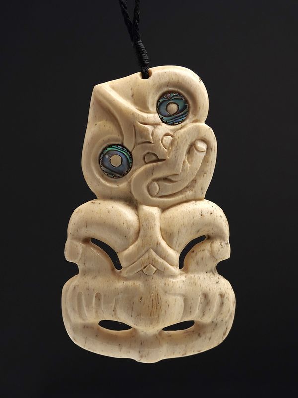 Moko Pounamu Hei Tiki Genuine Whale Bone Carving - Rapaura