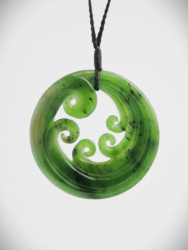 Moko Pounamu Porohita (Disc) Koru NZ Genuine Kahurangi Flower Greenstone  - Motueka