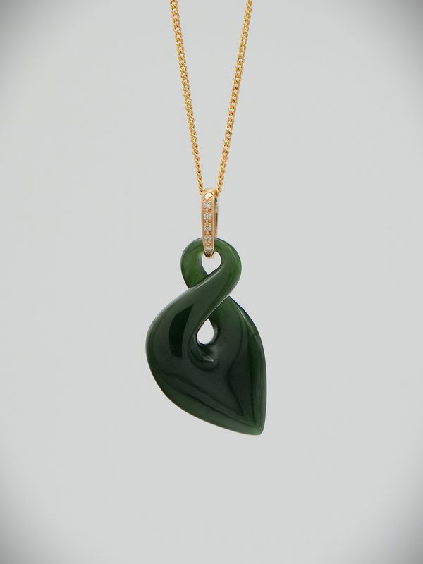 Moko Pounamu Single Pikorua (Twist) NZ Genuine Kawakawa Greenstone & 9ct Gold Diamond Pendant - Wairaurahiri