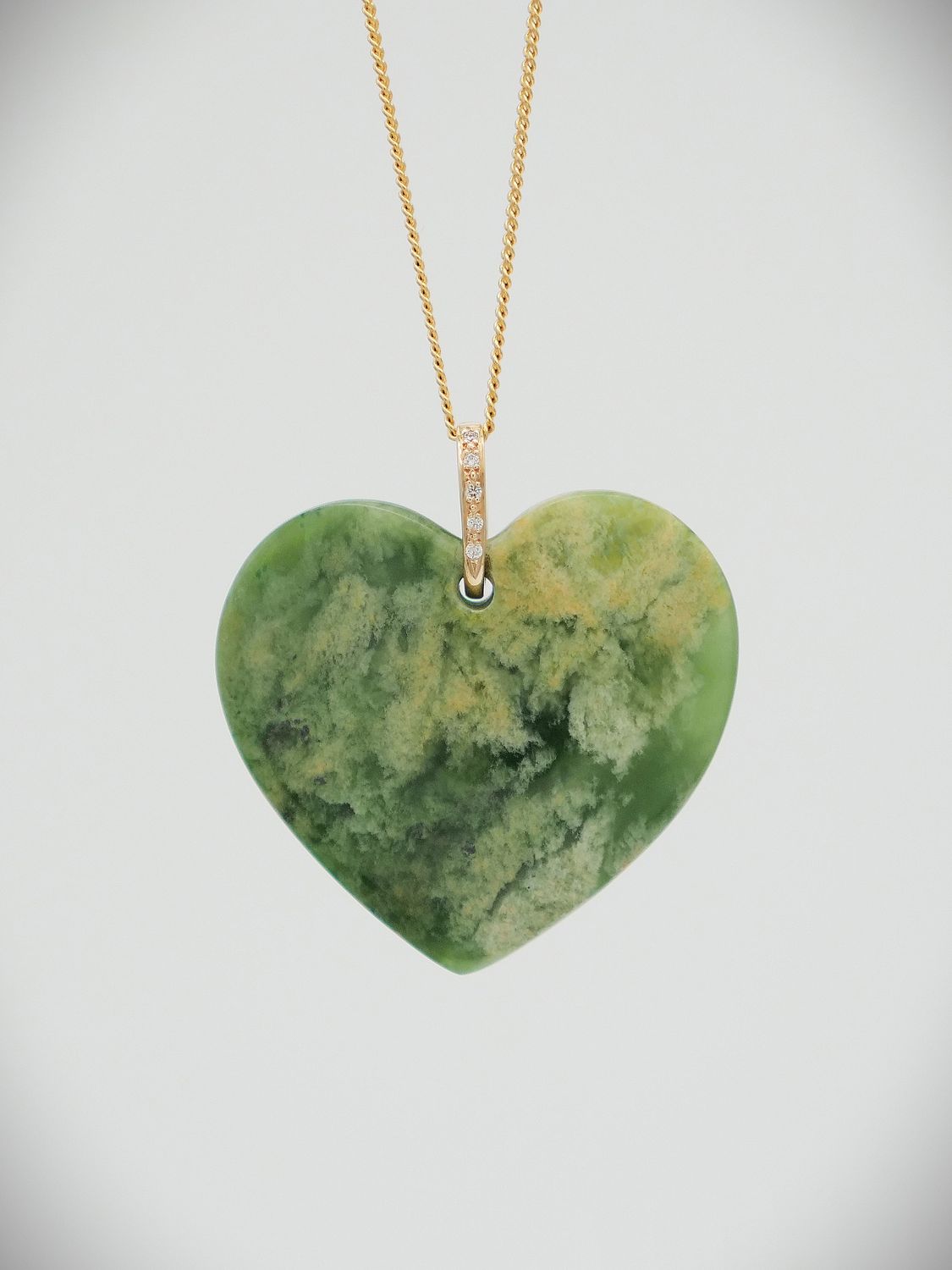 Moko Pounamu Heart NZ Genuine Kahurangi Flower Greenstone, 9ct Gold & Diamond Pendant - Motueka