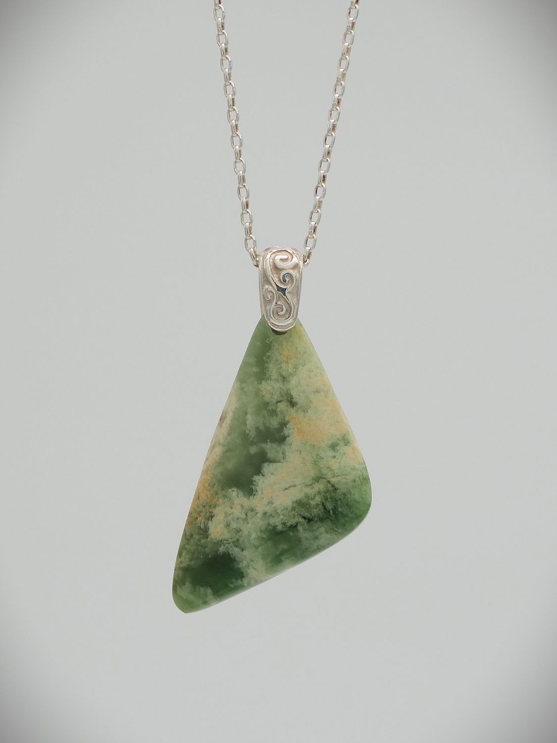 Moko Pounamu Kuru (Drop) NZ Genuine Kahurangi Flower Greenstone & Sterling Silver - Riwaka