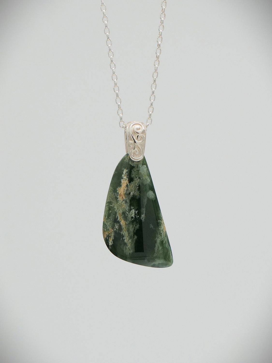 Moko Pounamu Kuru (Drop) NZ Genuine Marsden Flower Greenstone & Sterling Silver - Whangamoa