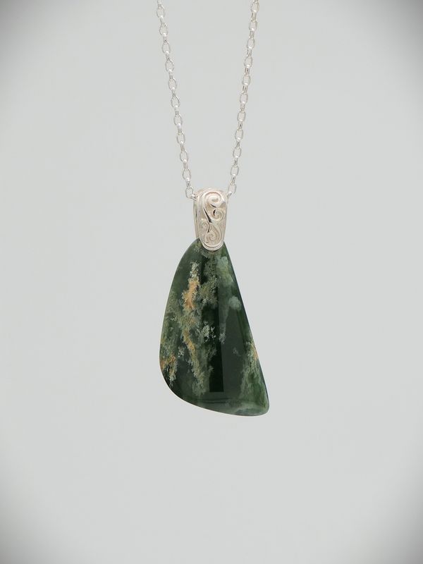 Moko Pounamu Kuru (Drop) NZ Genuine Marsden Flower Greenstone & Sterling Silver - Whangamoa