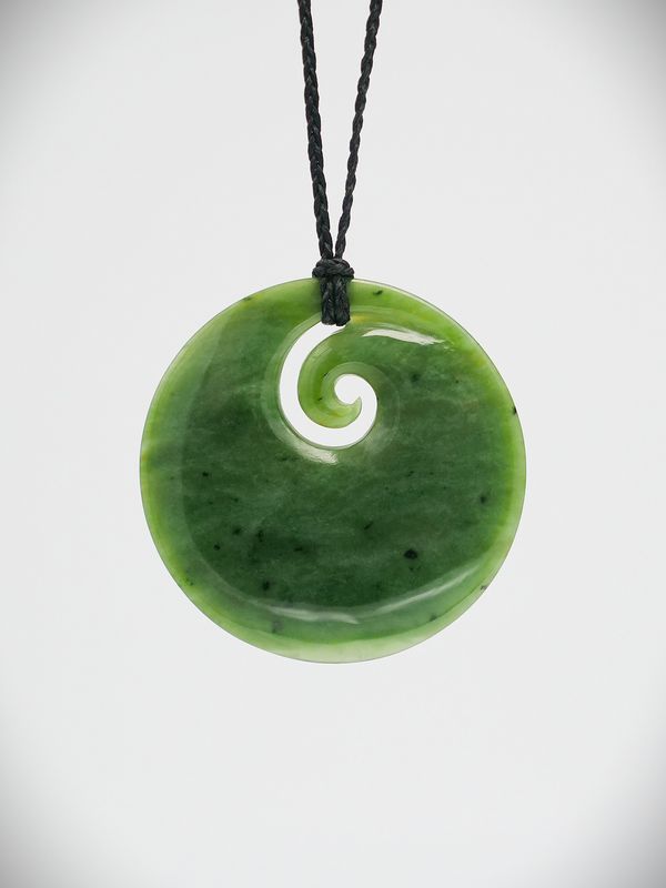 Moko Pounamu Porohita (Disc) Koru NZ Genuine Kokopu Greenstone  - Moeraki