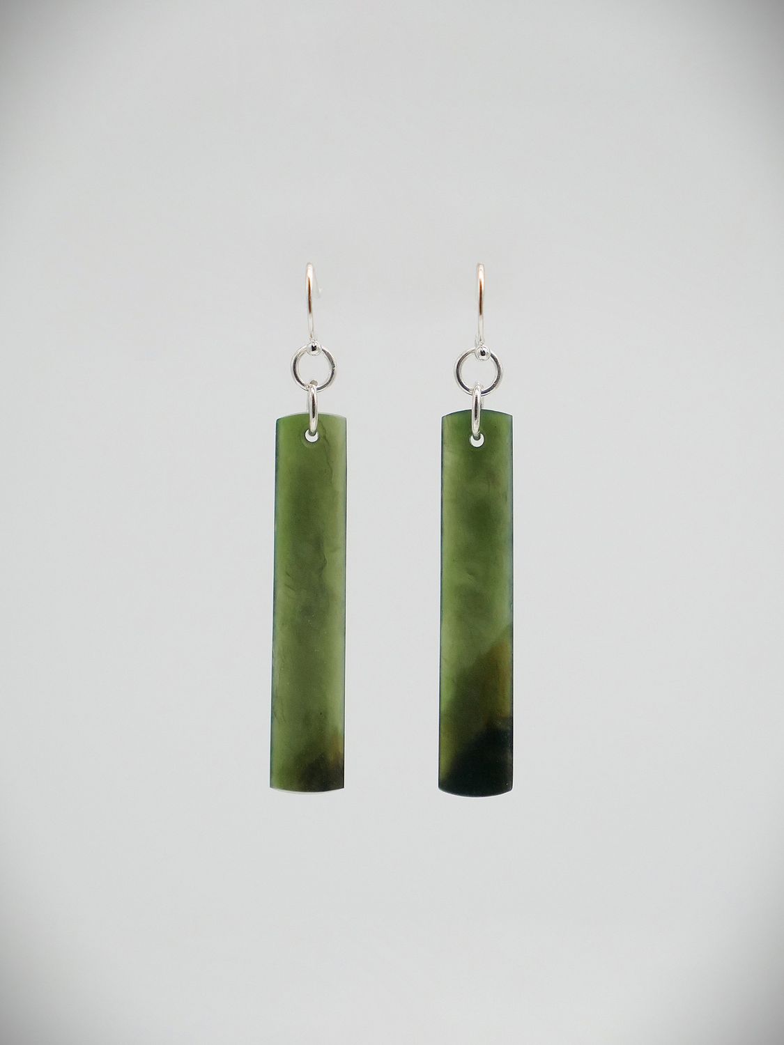 Moko Pounamu NZ Kawakawa Greenstone and Sterling Silver Drop Earrings 13592