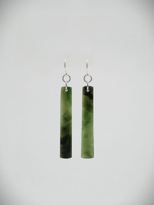 Moko Pounamu NZ Kawakawa Greenstone and Sterling Silver Drop Earrings 13594
