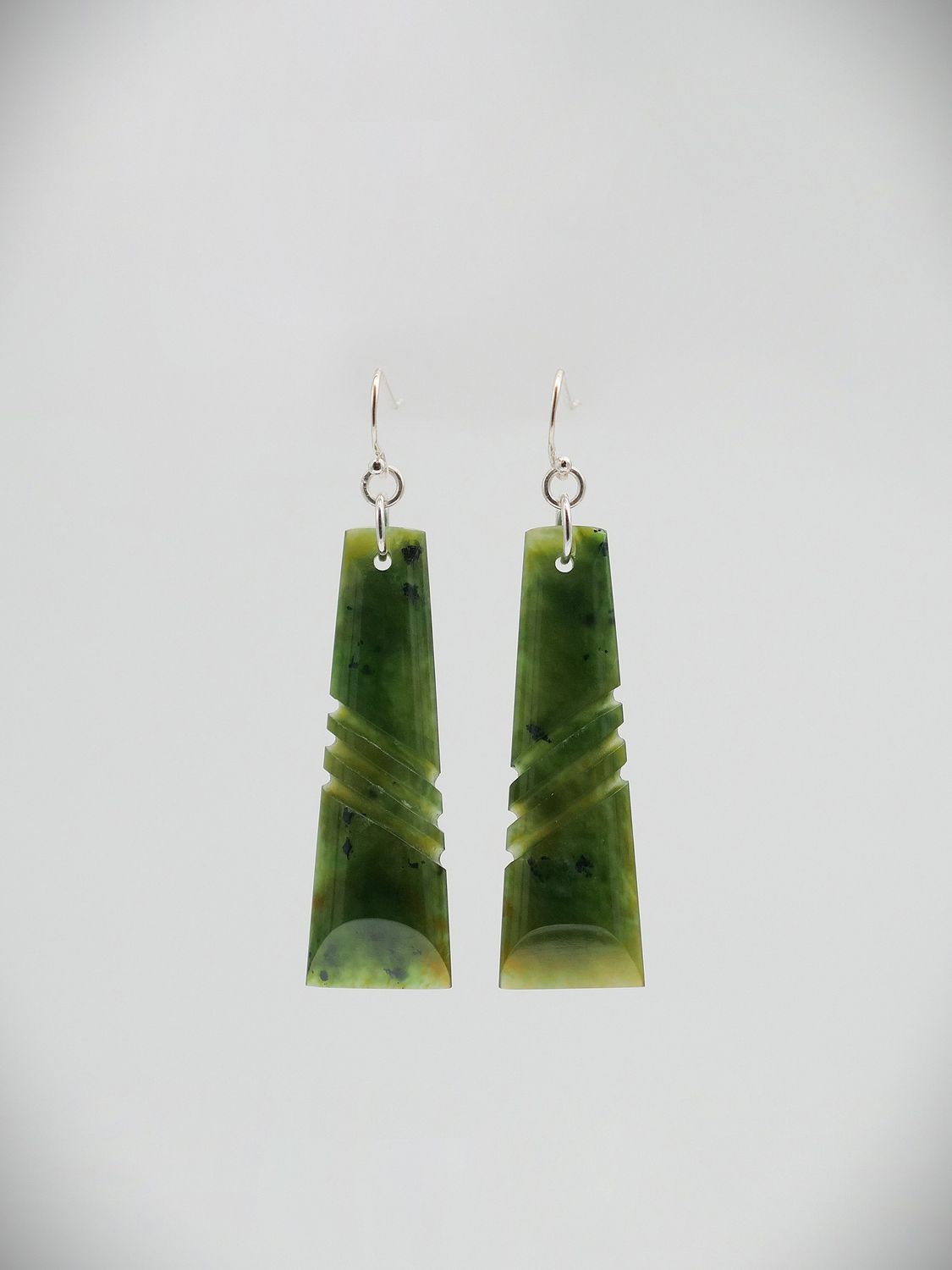 Moko Pounamu NZ Kawakawa Greenstone and Sterling Silver Earrings 13600