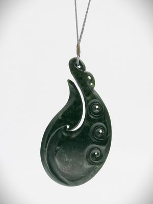 Moko Pounamu Hei Matau (Hook) NZ Genuine Kawakawa Greenstone - Kaniere