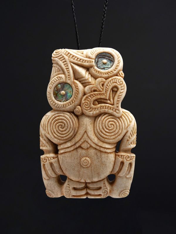 Moko Pounamu Hei Tiki Genuine Whale Bone Carving - Tuahine