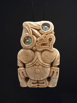 Moko Pounamu Hei Tiki Genuine Whale Bone Carving - Tuahine
