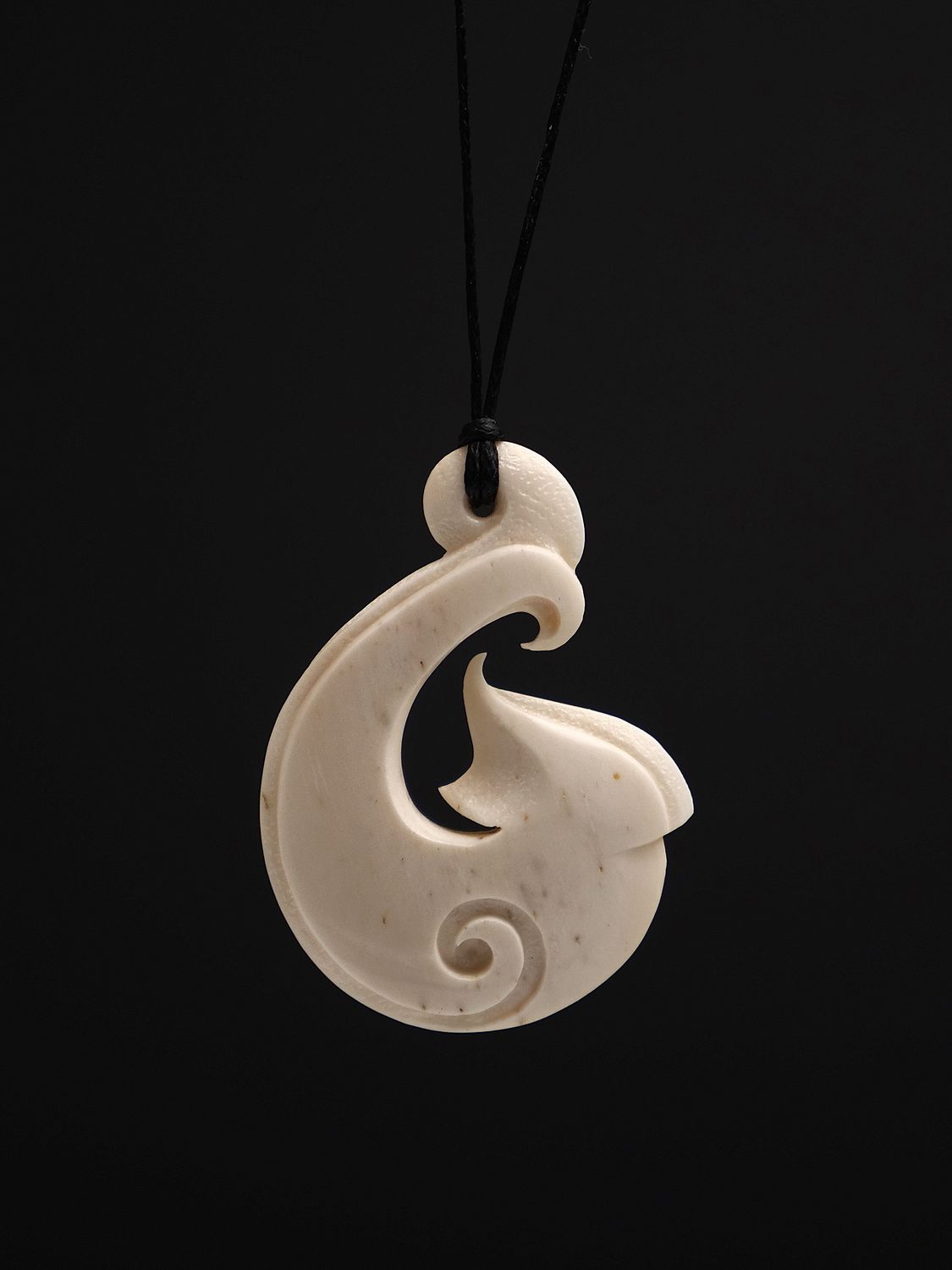 Moko Pounamu Hei Matau (Hook) Whale Bone Carving - Okukari