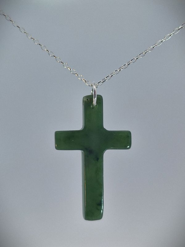 Moko Pounamu Cross  NZ Genuine Kawakawa Greenstone - Makikihi