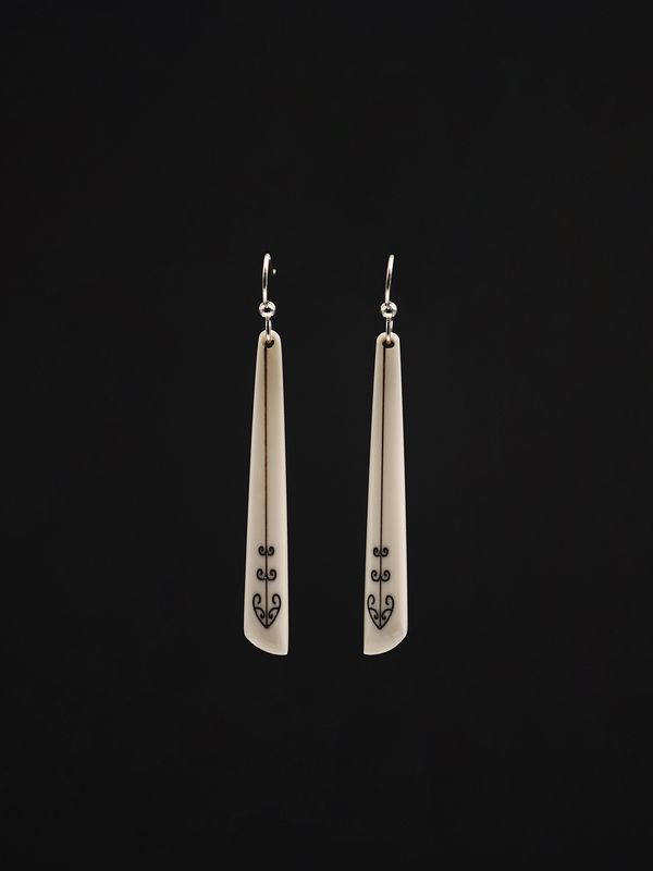Moko Pounamu,  Scrimshaw Bone & Sterling Silver  Earrings 14121