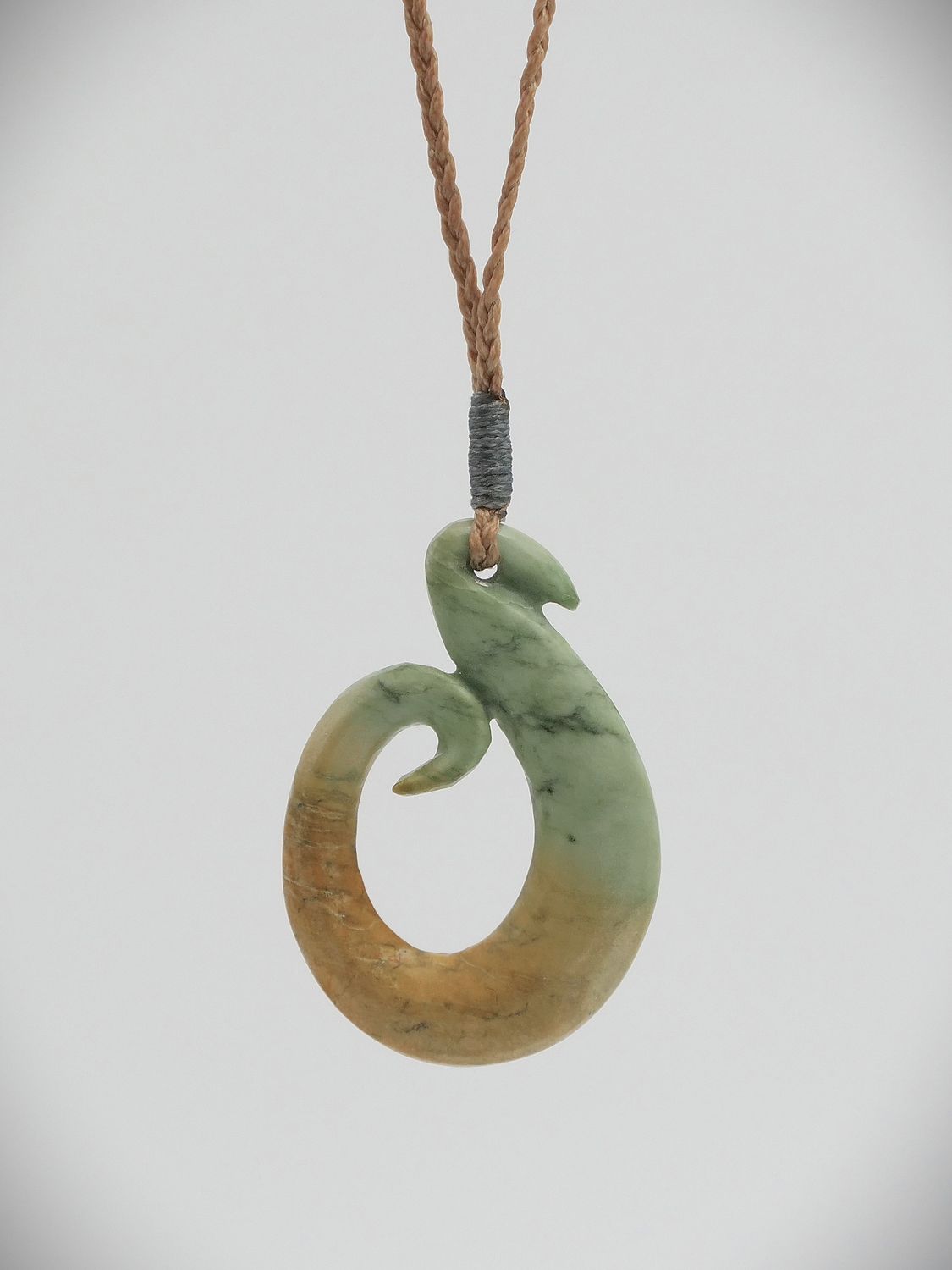 Moko Pounamu Hei Matau (Hook) NZ Genuine Auhunga Flower Greenstone - Koromiko