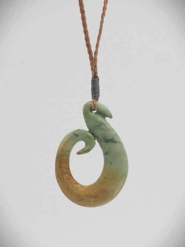 Moko Pounamu Hei Matau (Hook) NZ Genuine Auhunga Flower Greenstone - Koromiko