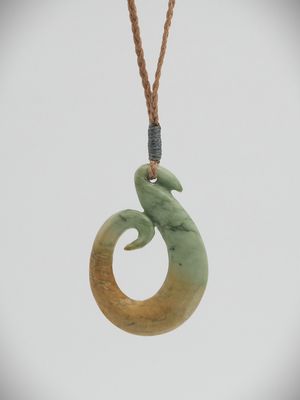 Moko Pounamu Hei Matau (Hook) NZ Genuine Auhunga Flower Greenstone - Koromiko