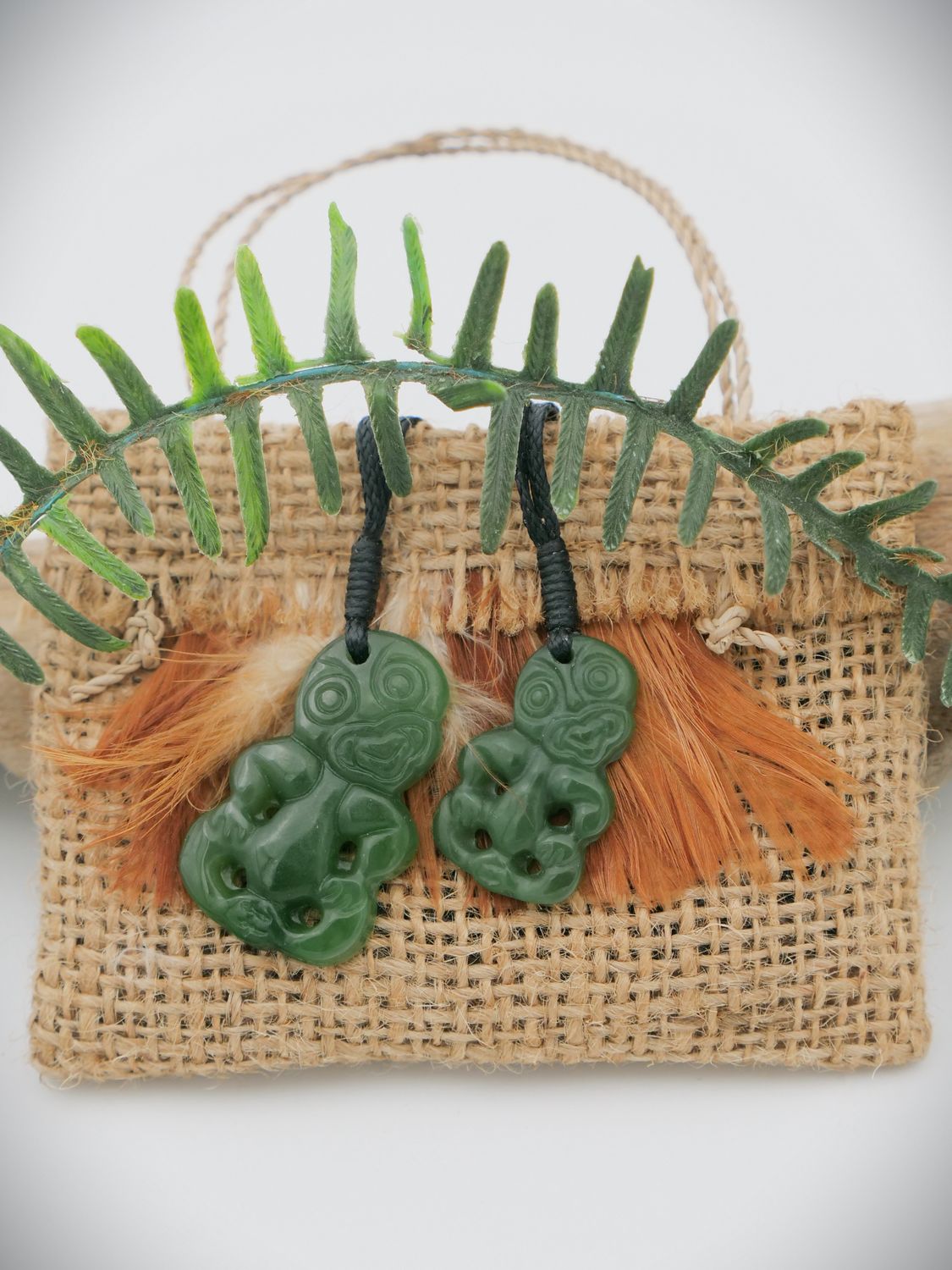 Moko Pounamu  Hei Tiki Pair NZ Genuine Kahurangi Greenstone - Hononga