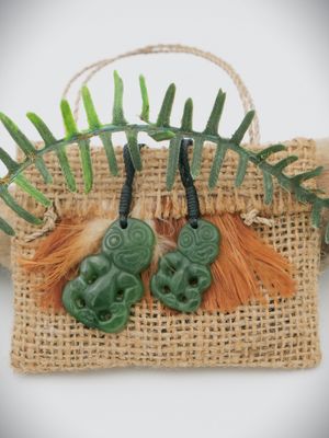 Moko Pounamu  Hei Tiki Pair NZ Genuine Kahurangi Greenstone - Hononga