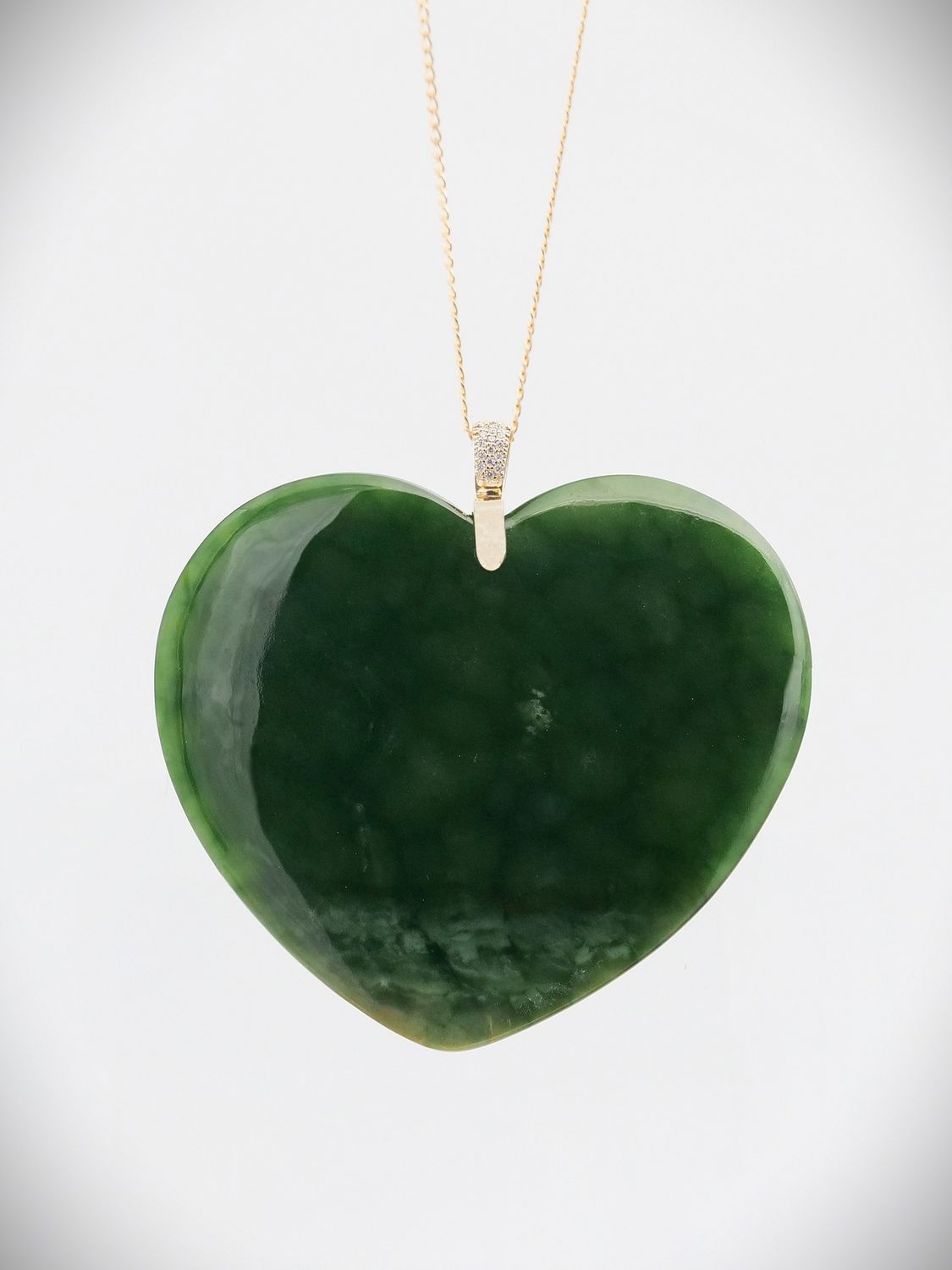 Moko Pounamu Heart NZ Genuine Marsden Flower Greenstone, 9ct Gold & Diamond Pendant - Maunganui