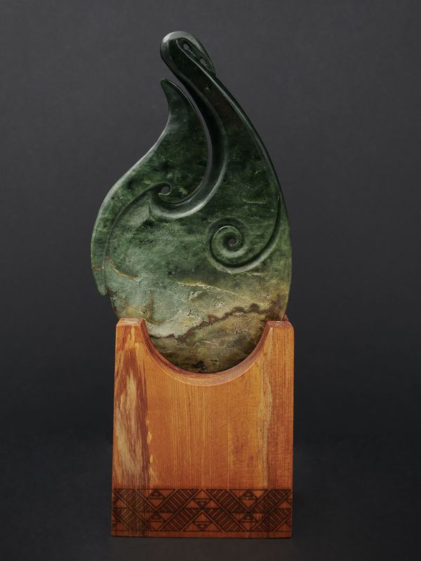 Moko Pounamu Matau Sculpture NZ Genuine Kawakawa Flower Greenstone - Waiwhetu