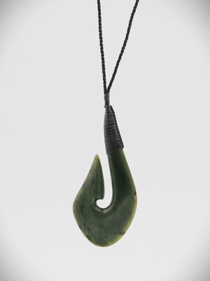 Moko Pounamu Hei Matau (Hook) NZ Genuine Kawakawa  Greenstone - Muritai