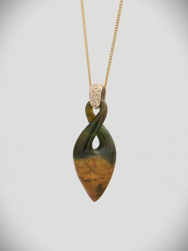 Moko Pounamu Gilt Jewellery Pikorua (Twist) NZ Genuine Marsden Flower Pounamu & 9ct Gold Pendant - Karakariki