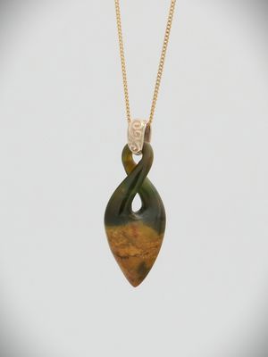 Moko Pounamu Gilt Jewellery Pikorua (Twist) NZ Genuine Marsden Flower Pounamu & 9ct Gold Pendant - Karakariki