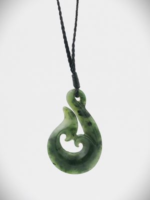Moko Pounamu Hei Matau (Hook) NZ Genuine Kawakawa Greenstone - Pukemaori