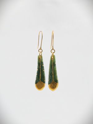 Moko Pounamu Ana Krakosky NZ Genuine Kawakawa Greenstone &  Gold Accent Earrings - Huia Feather