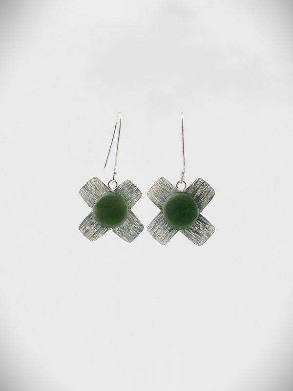 Moko Pounamu Ana Krakosky NZ Genuine Kahurangi Greenstone and Sterling Silver Earrings 14464