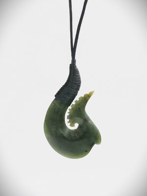 Moko Pounamu Hei Matau (Hook) NZ Genuine Kawakawa Greenstone - Orini
