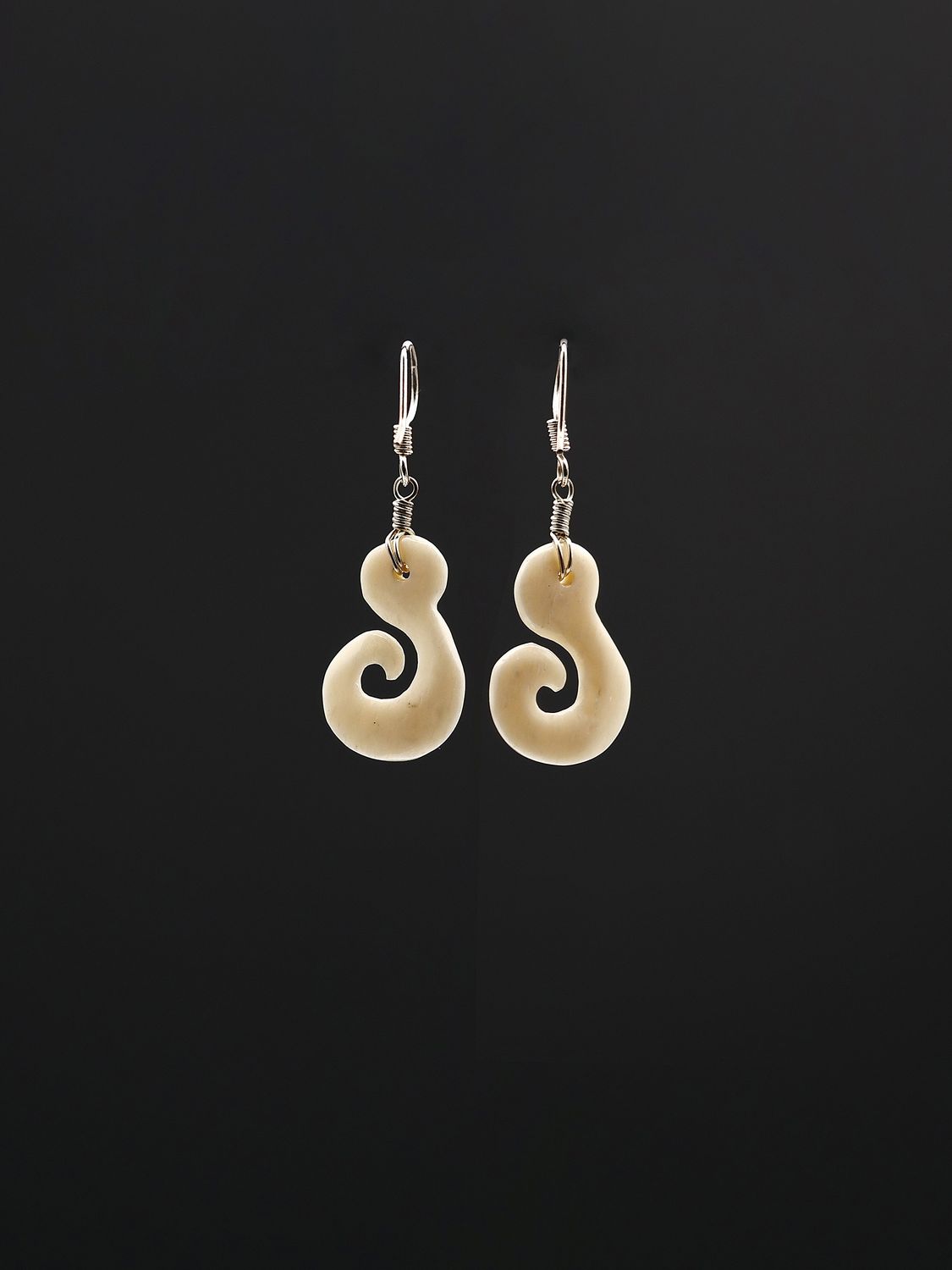 Moko Pounamu Hei Matau Bone and Sterling Silver Earrings 14482