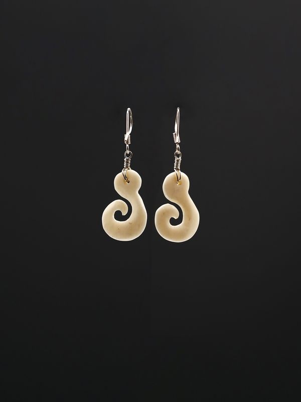 Moko Pounamu Hei Matau Bone and Sterling Silver Earrings 14482