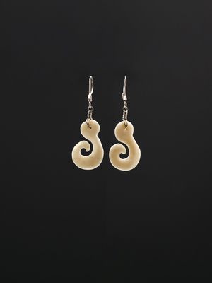 Moko Pounamu Hei Matau Bone and Sterling Silver Earrings 14482