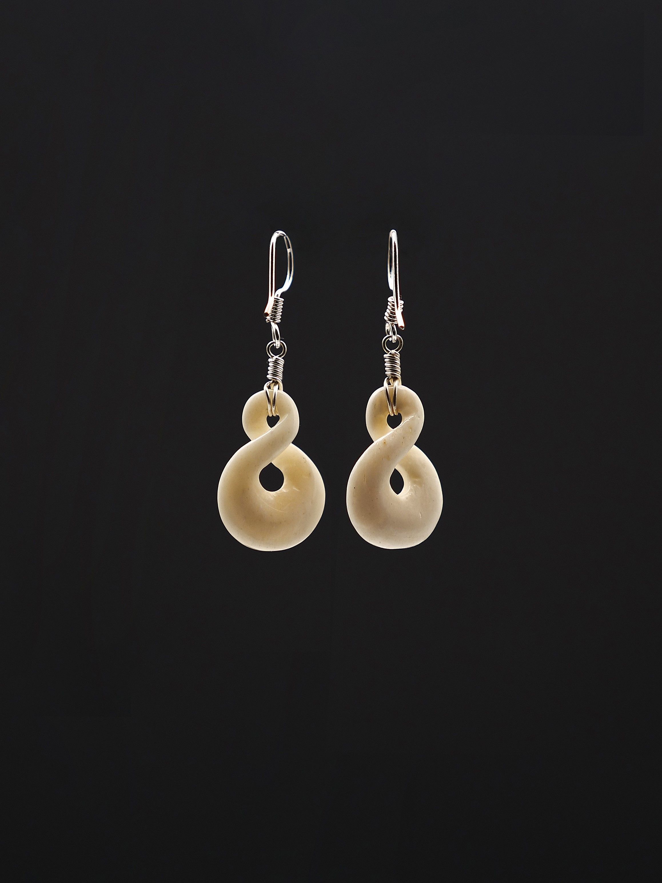 Moko Pounamu Pikorua Bone and Sterling Silver Earrings 14481