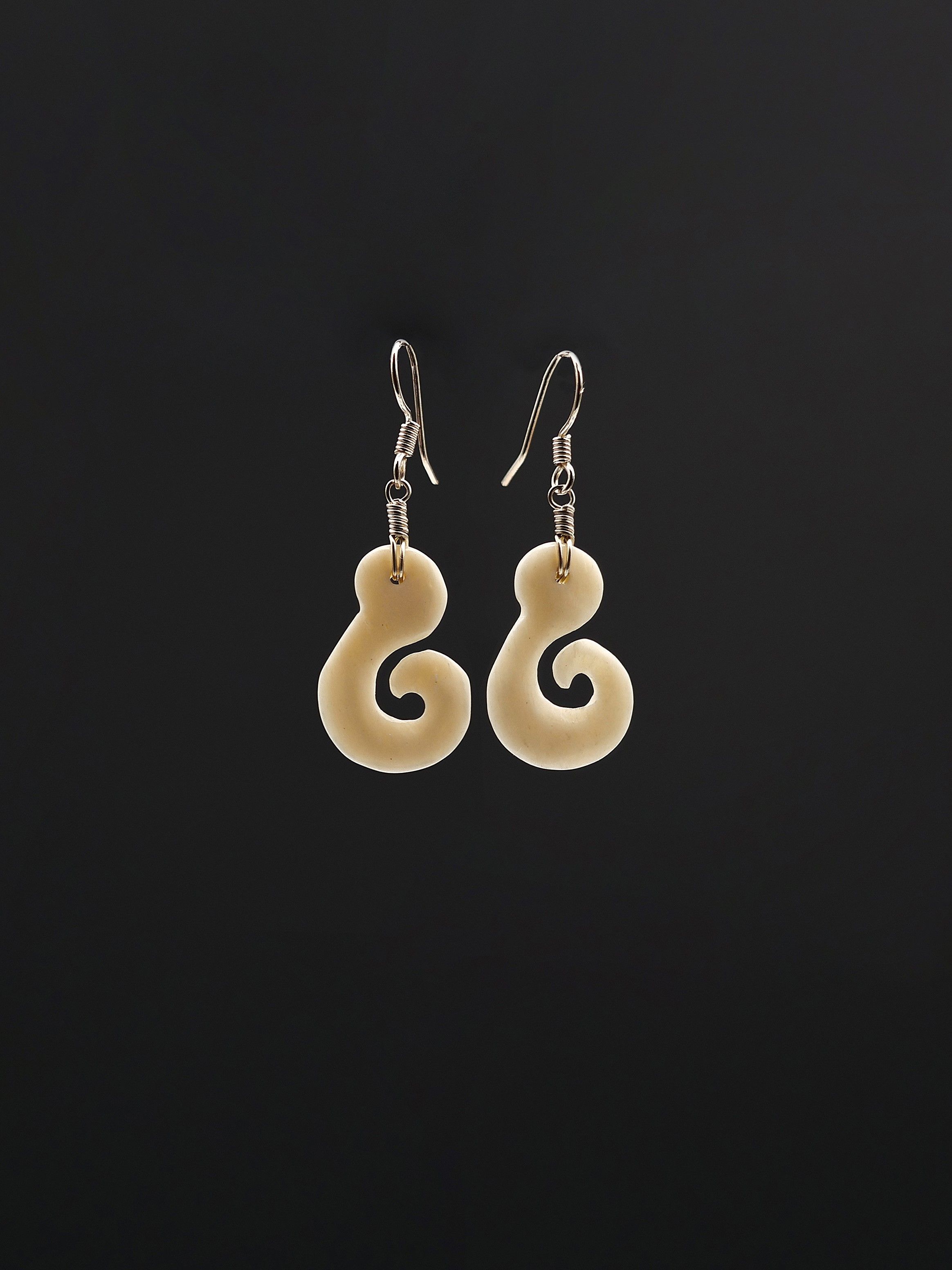 Moko Pounamu Hei Matau Bone and Sterling Silver Earrings 14482