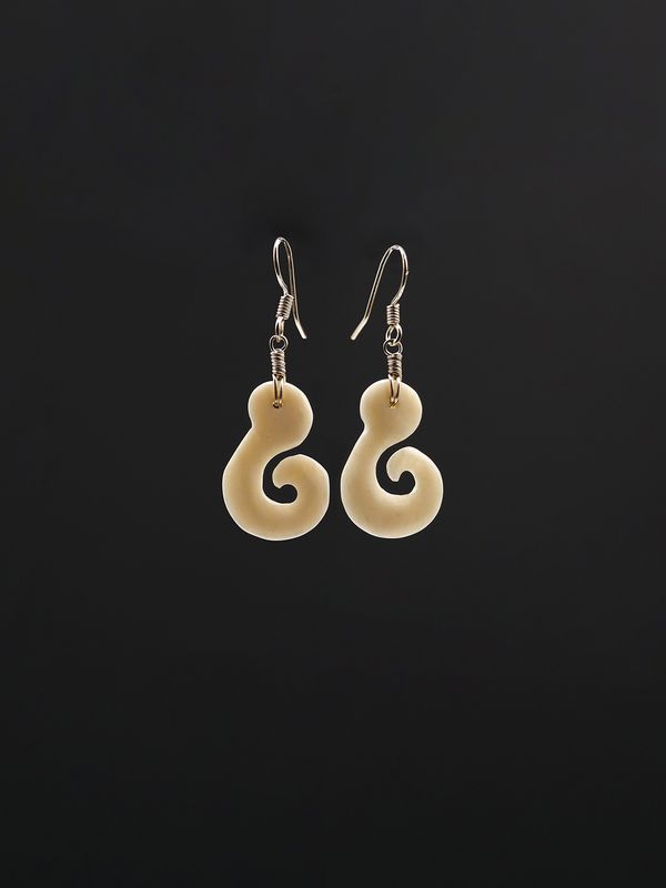 Moko Pounamu Hei Matau Bone and Sterling Silver Earrings 14482